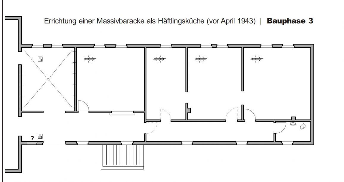 Im rekonstruierten Grundrissplan des Bauzustands zeigt sich die Raumstruktur des Küchenanbaus um 1942. Rekonstruktionszeichnung 2019 (Schulz+Drieschner GbR, Berlin).